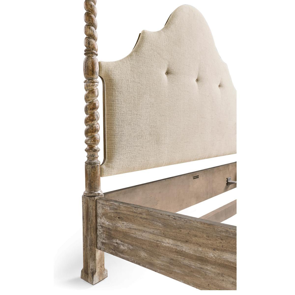 Close-up of rustic bed headboard and frame connection.