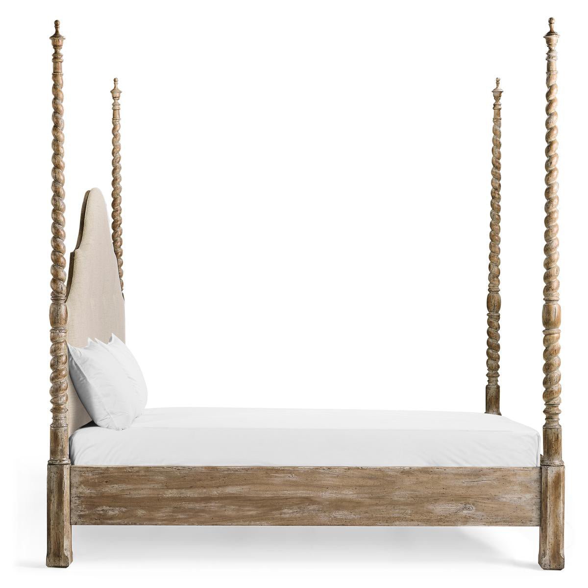Side profile of bed emphasizing spiral posts.