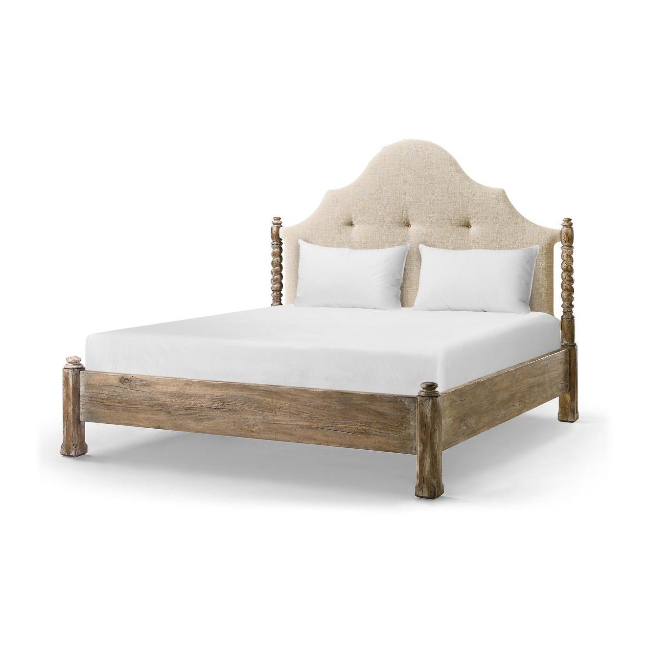 Side view of rustic farmhouse bed without posts.