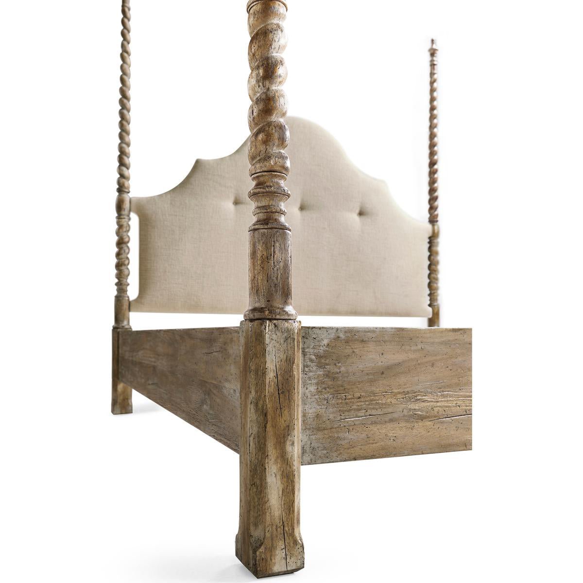 Bed frame corner with detailed spiral post design.