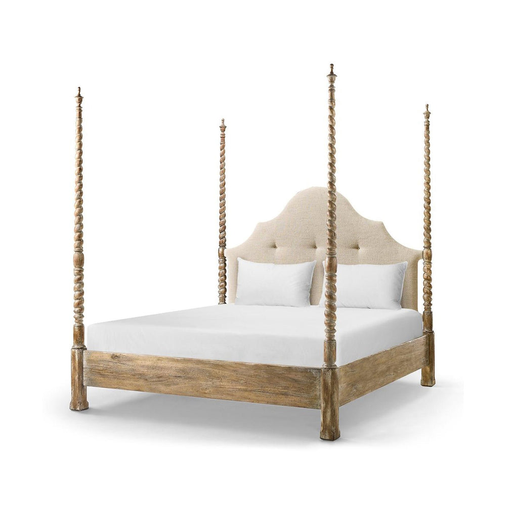 Rustic farmhouse bed, front view with bedding.