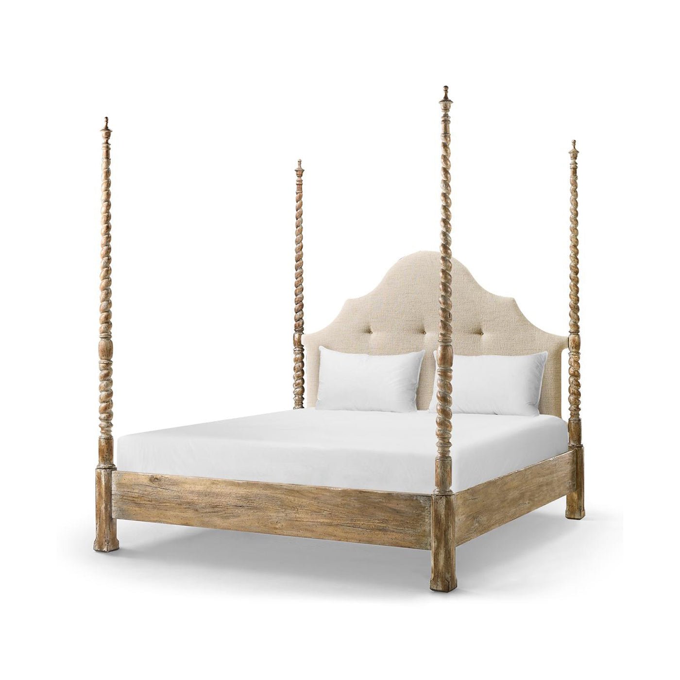 Rustic farmhouse bed, front view with bedding.