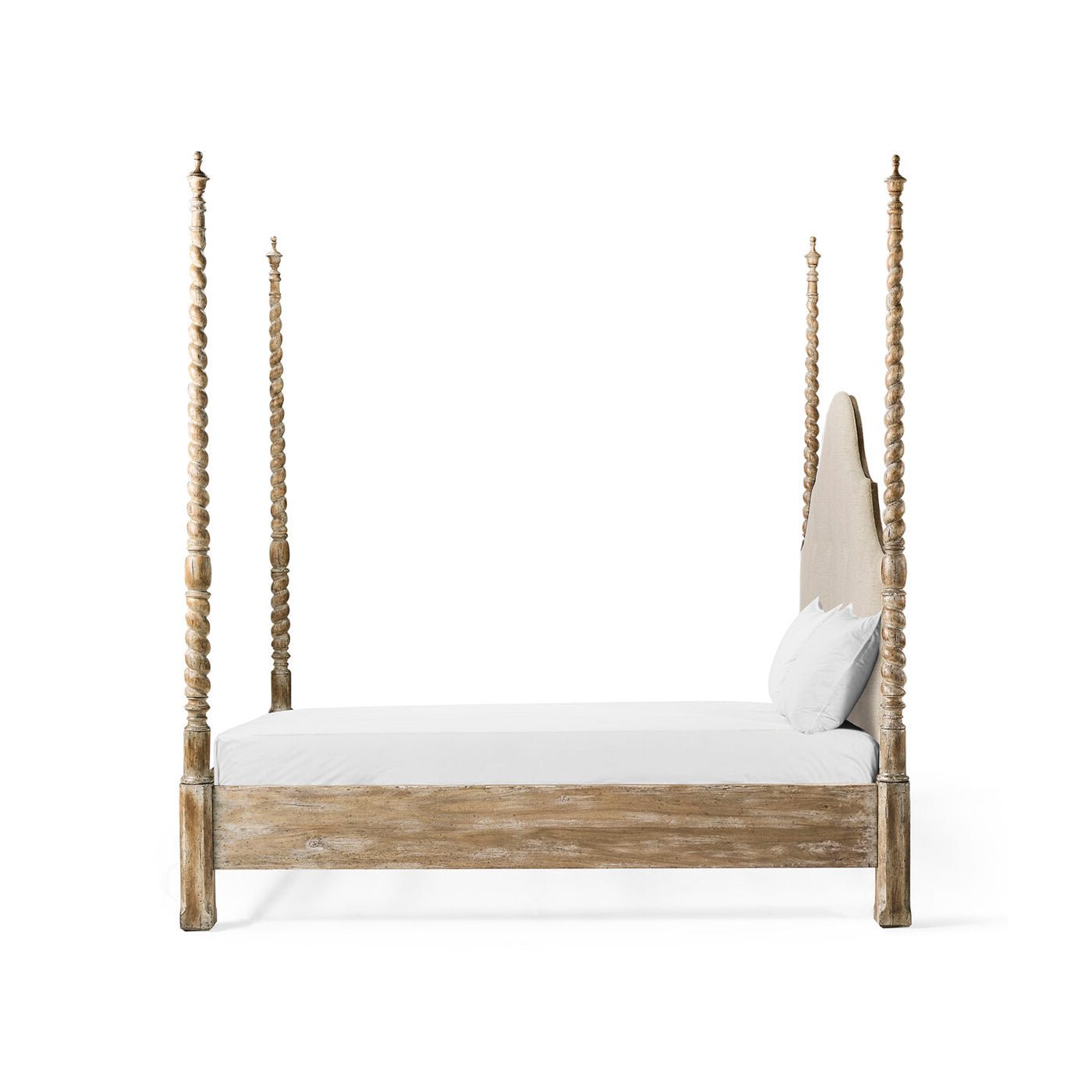 Rustic farmhouse bed, side view with mattress.