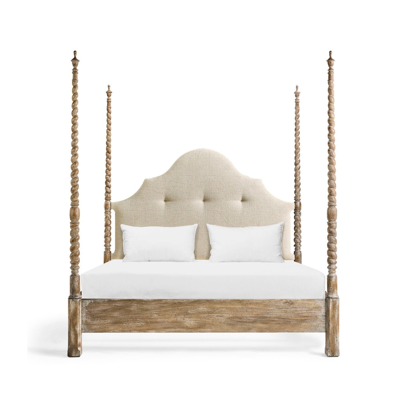 Rustic farmhouse bed, front angle with mattress.