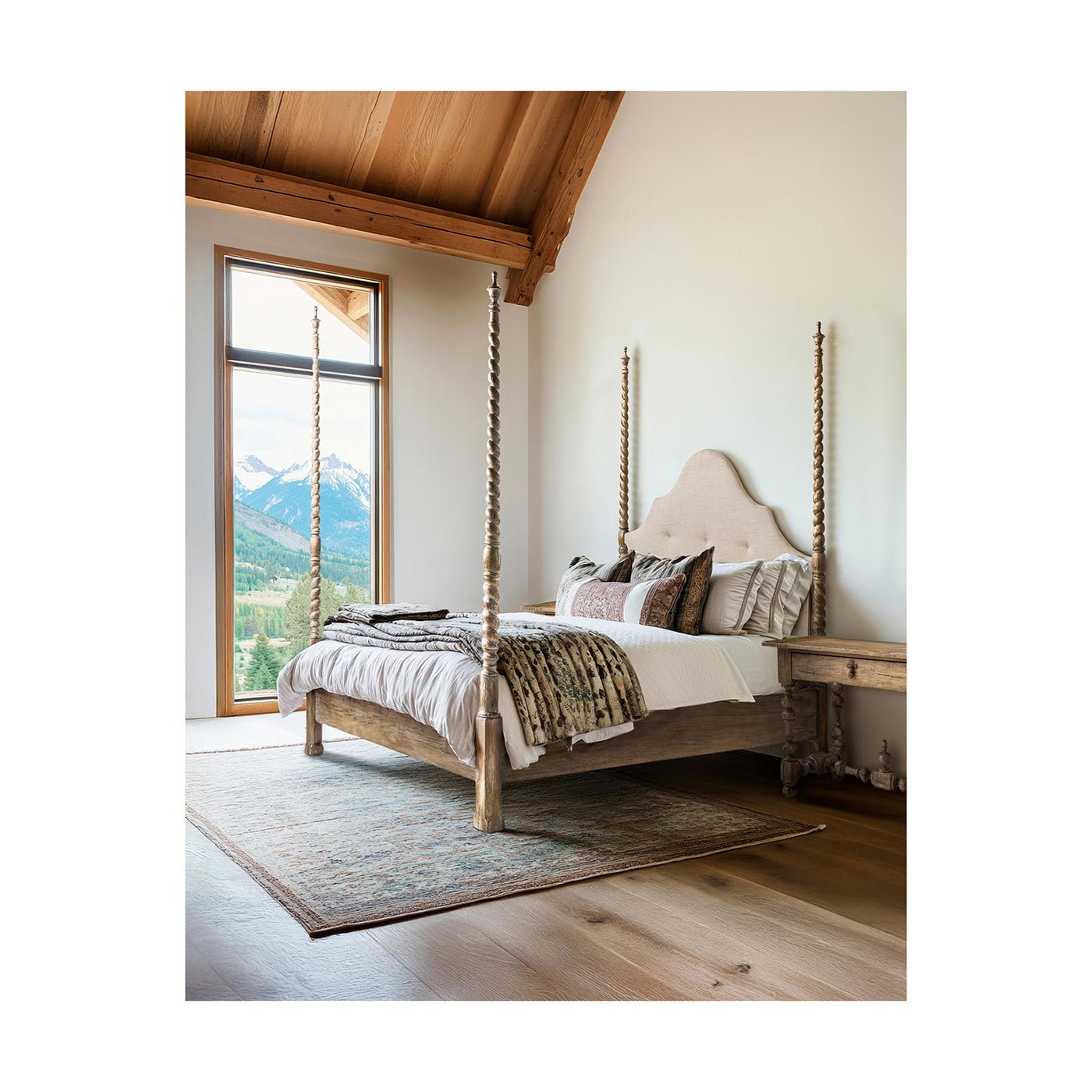 Rustic farmhouse bed in cozy room setting.