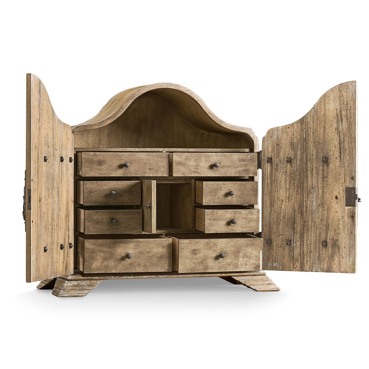 Rustic farmhouse cabinet interior, various drawers open, curved top.