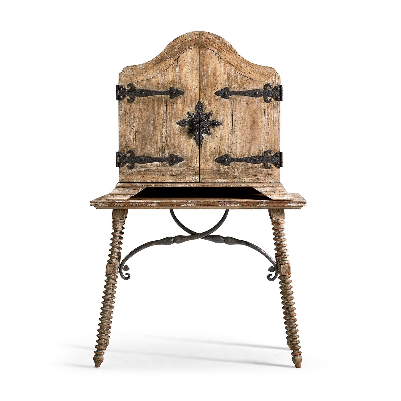 Rustic farmhouse cabinet front view, intricate metal detailing.