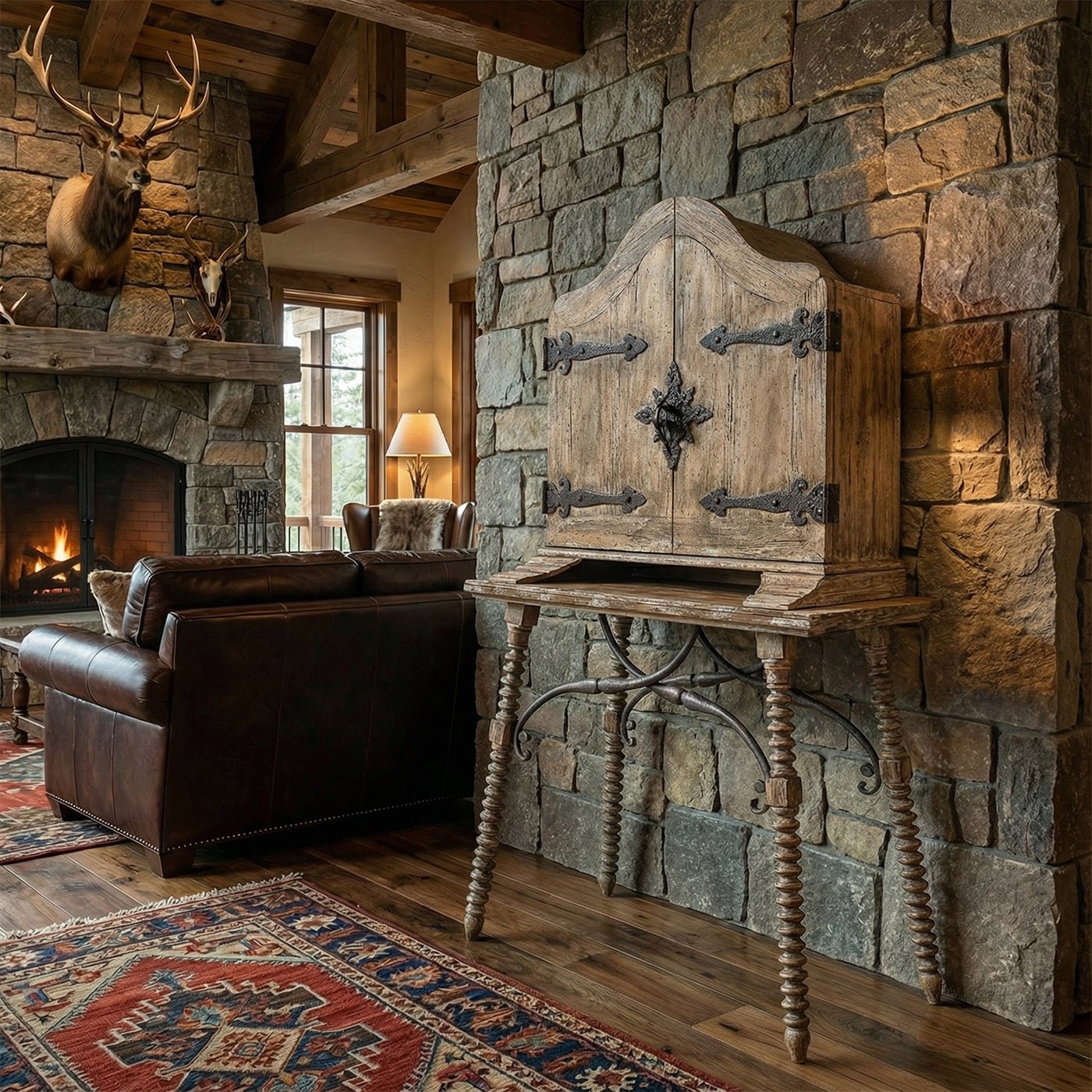 Rustic farmhouse cabinet in cozy living room, styled setting.