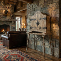 Rustic farmhouse cabinet in cozy living room, styled setting.