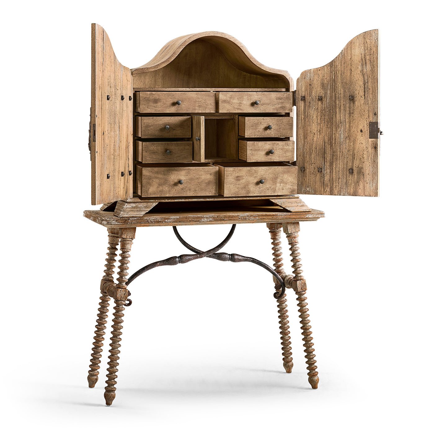 Rustic farmhouse cabinet, open with drawers extended.