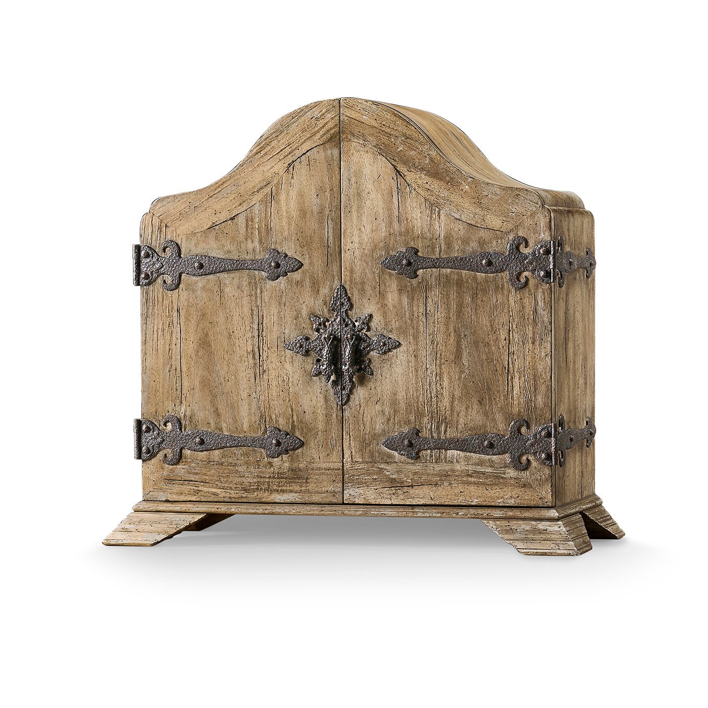 Rustic farmhouse cabinet without stand, detailed front metalwork.