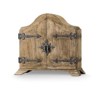 Rustic farmhouse cabinet without stand, detailed front metalwork.