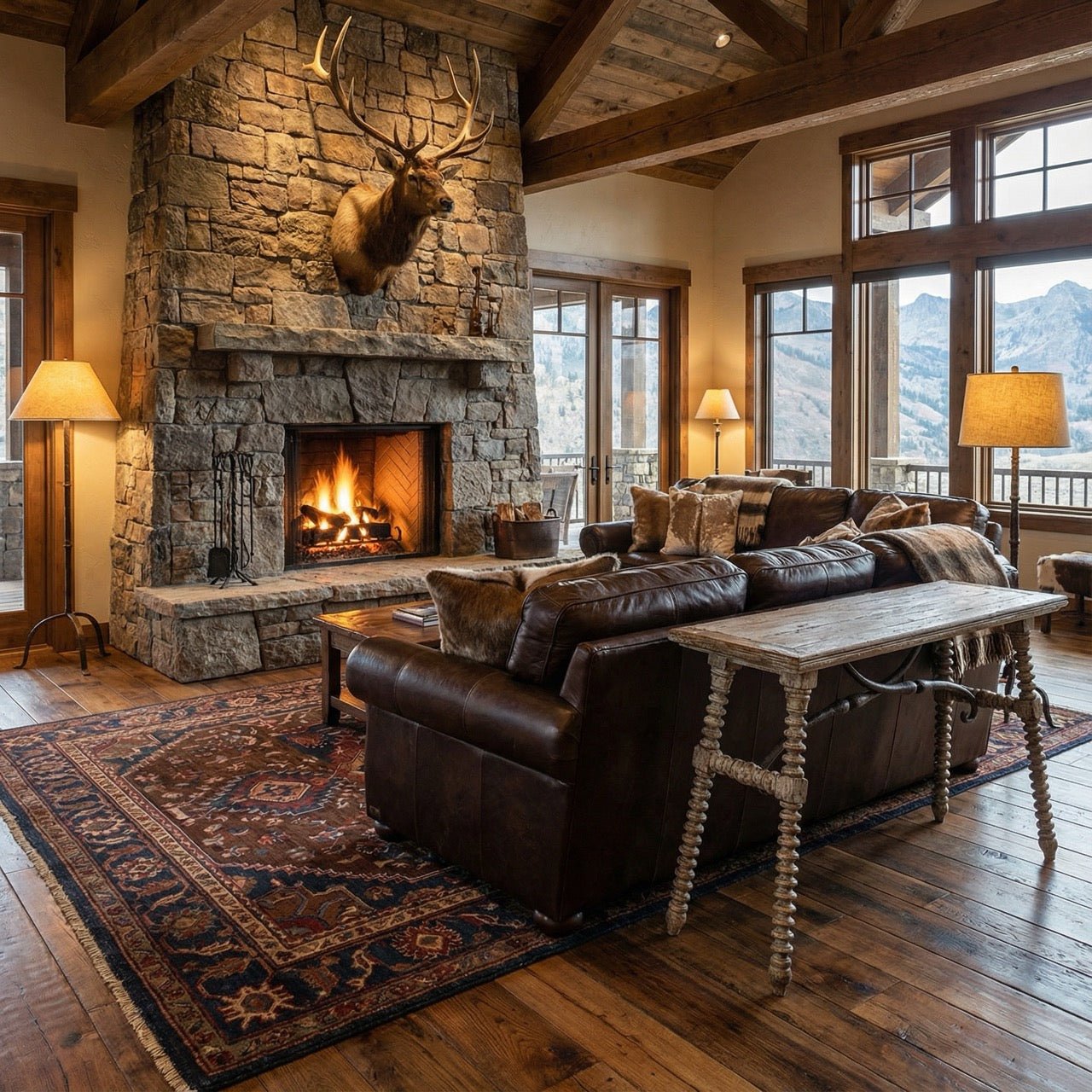Rustic console table in living room with stone fireplace.
