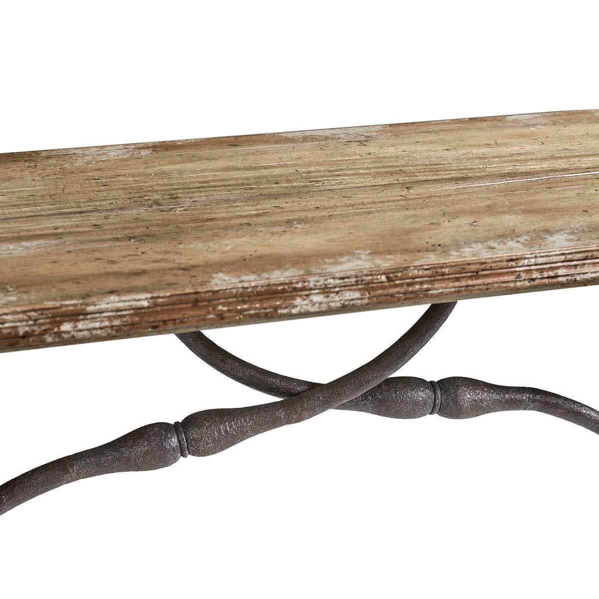 Console table surface with weathered wood texture and ironwork.
