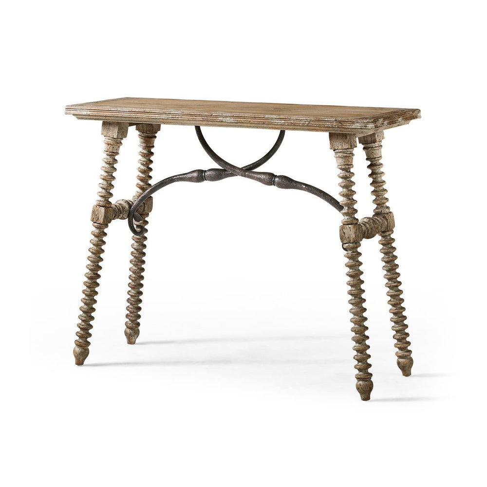 Rustic farmhouse console table with twisted legs side view.