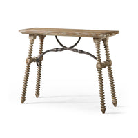 Rustic farmhouse console table with twisted legs side view.