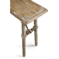 Close-up diagonal view of rustic console table surface.