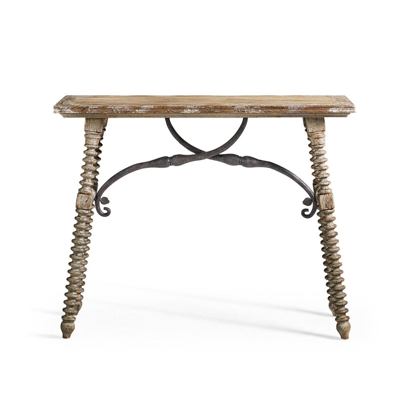 Front view of rustic farmhouse console table.