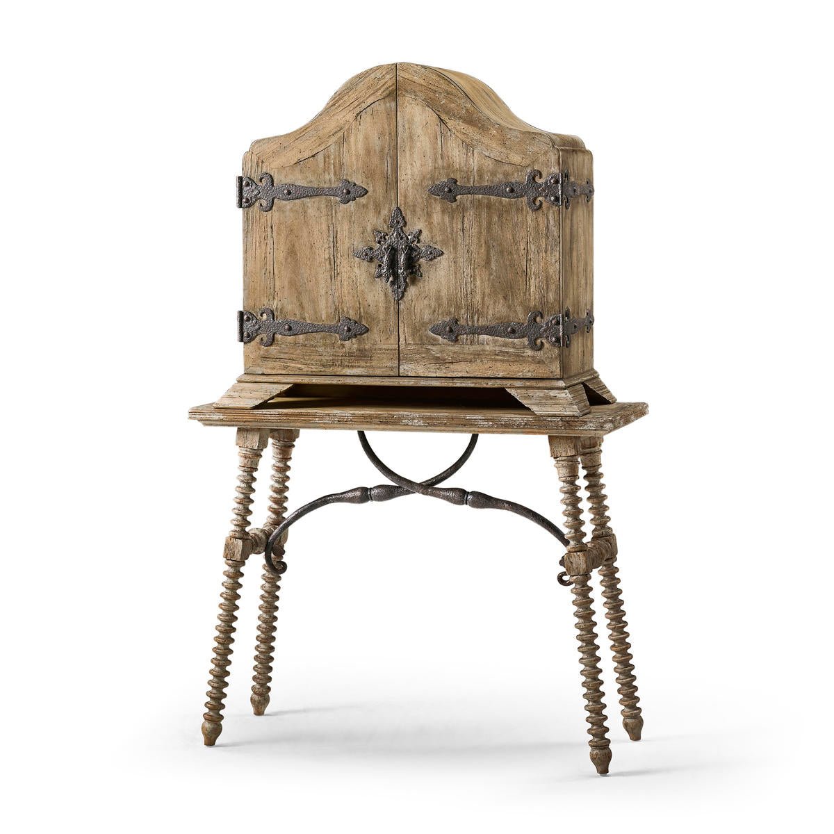 Rustic console table with decorative cabinet on top.