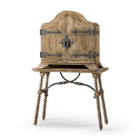 Rustic console table with decorative cabinet on top.