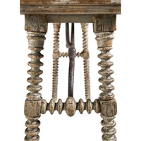 Detailed leg design on rustic farmhouse console table.