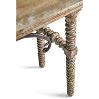 Unique leg and ironwork of farmhouse console table.