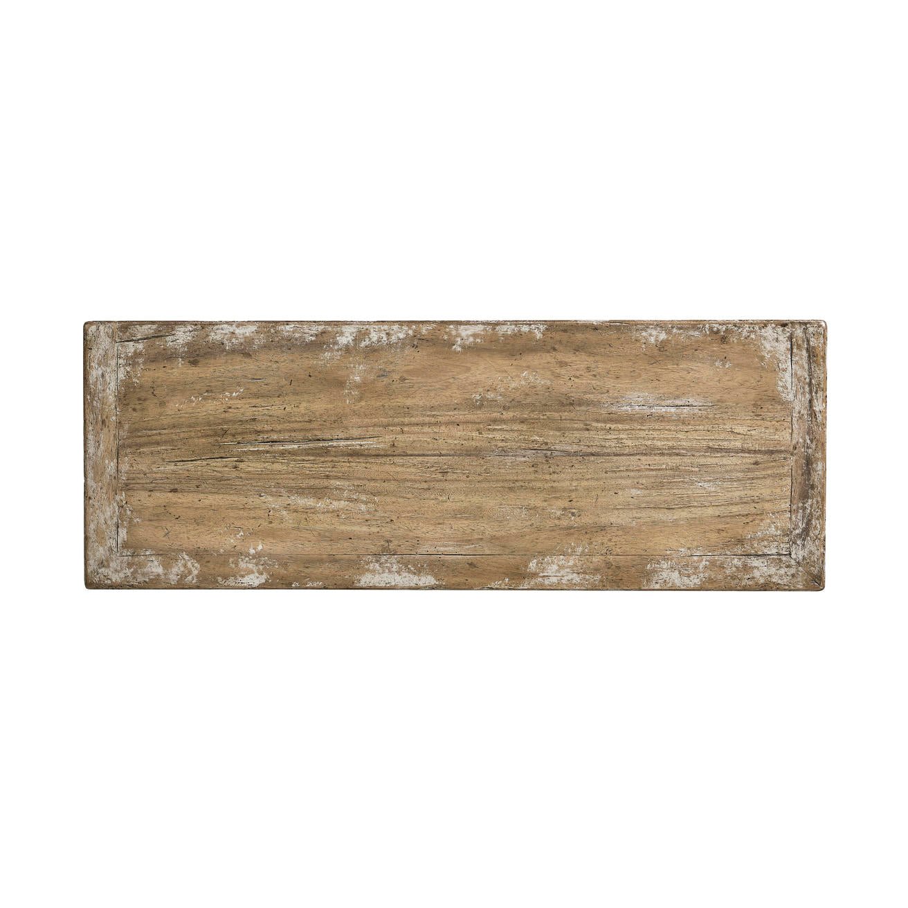 Top view of weathered rustic farmhouse console table surface.