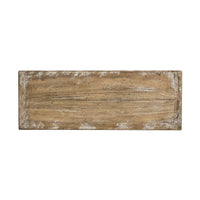 Top view of weathered rustic farmhouse console table surface.