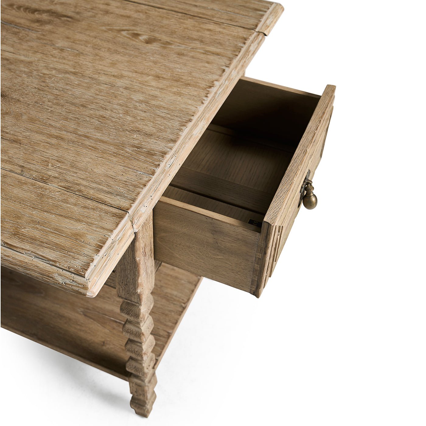 Side view, open drawer in rustic side table.