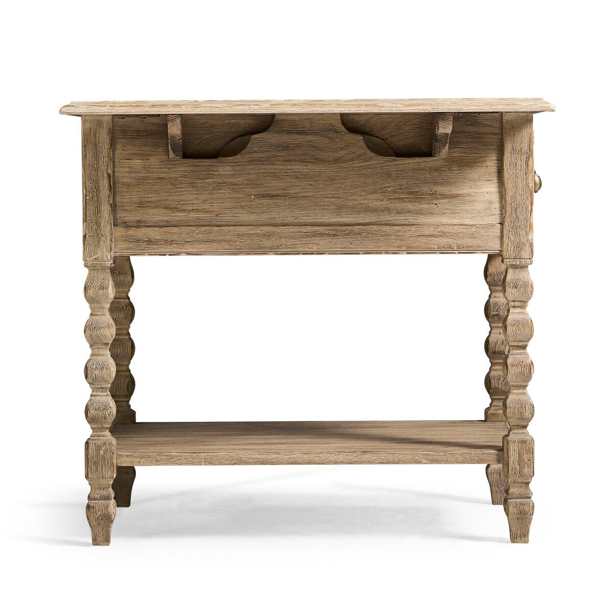 Rustic side table with drop leaf, back view.