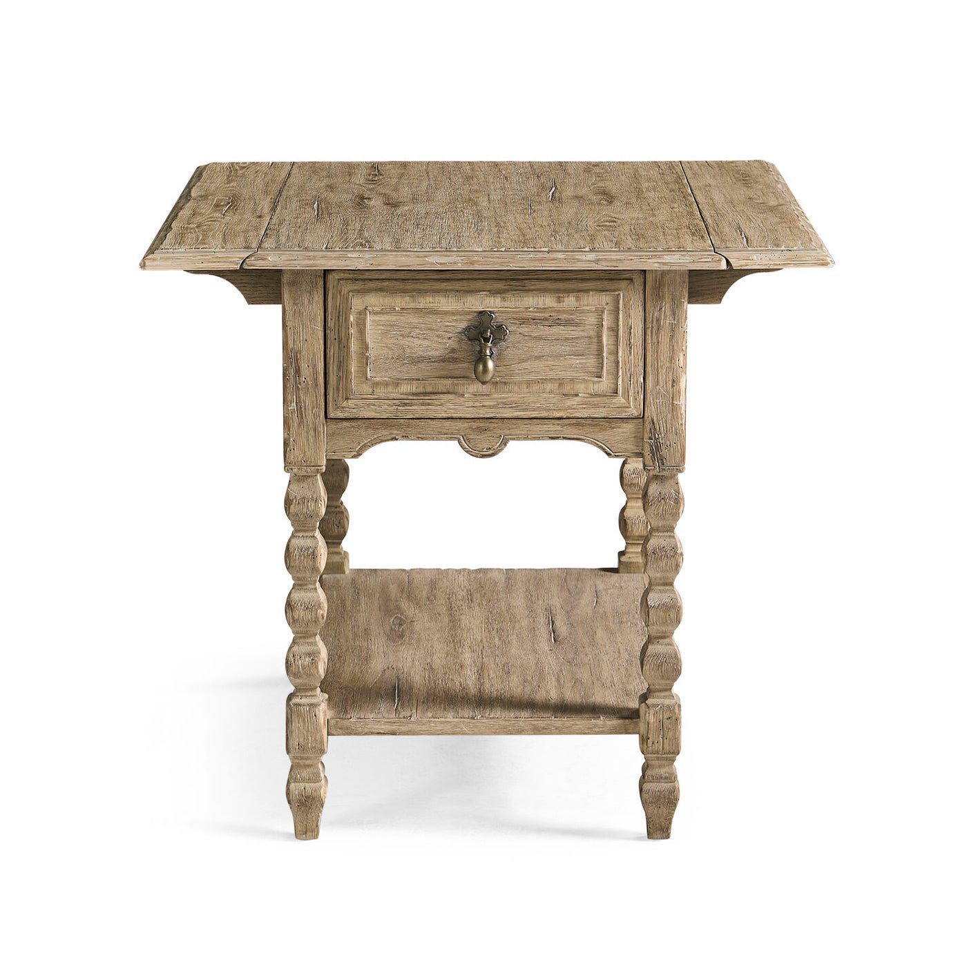 Rustic side table with drop leaf, front view.