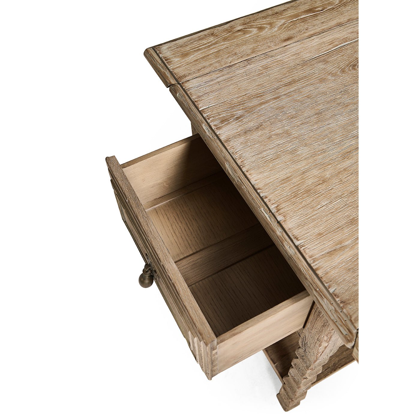 Open drawer, top view of rustic side table.