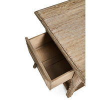 Open drawer, top view of rustic side table.