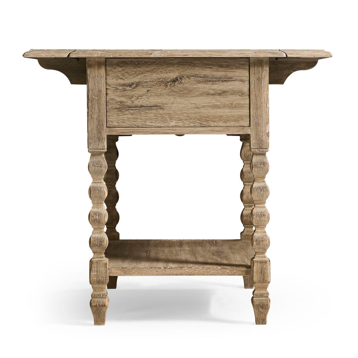 Rustic side table, rear view showing details.
