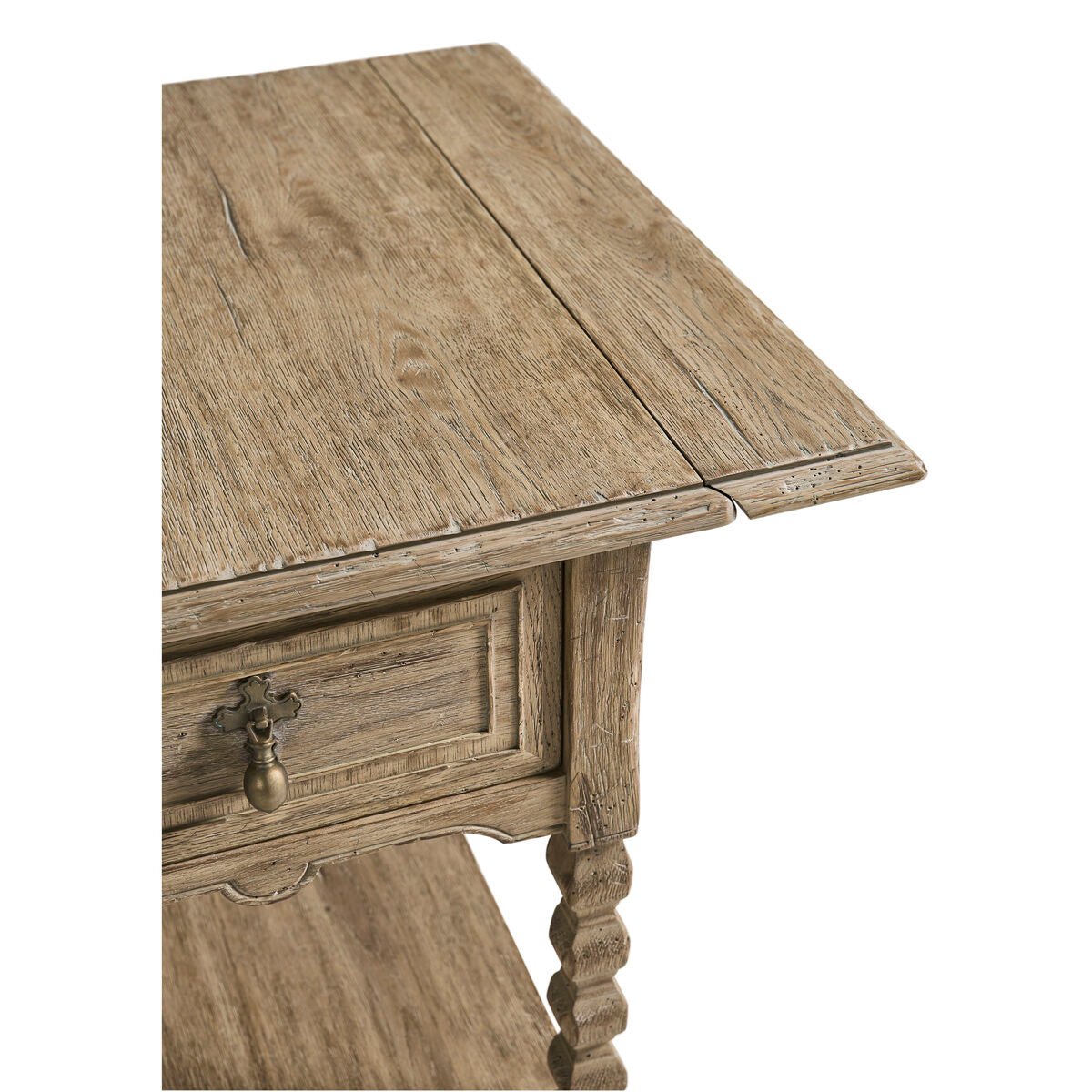 Close-up of drop leaf mechanism on rustic table.