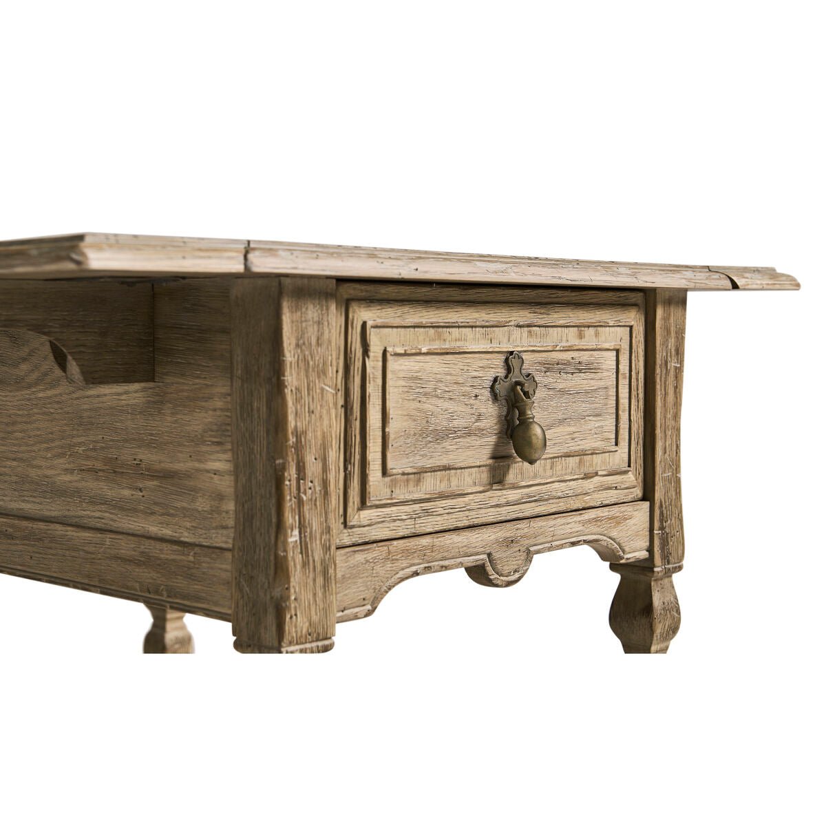Close-up of drawer detailing on rustic side table.