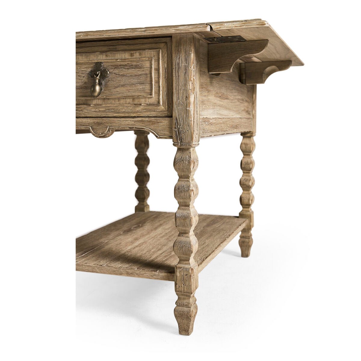 Rustic side table, angled view of legs and leaf.
