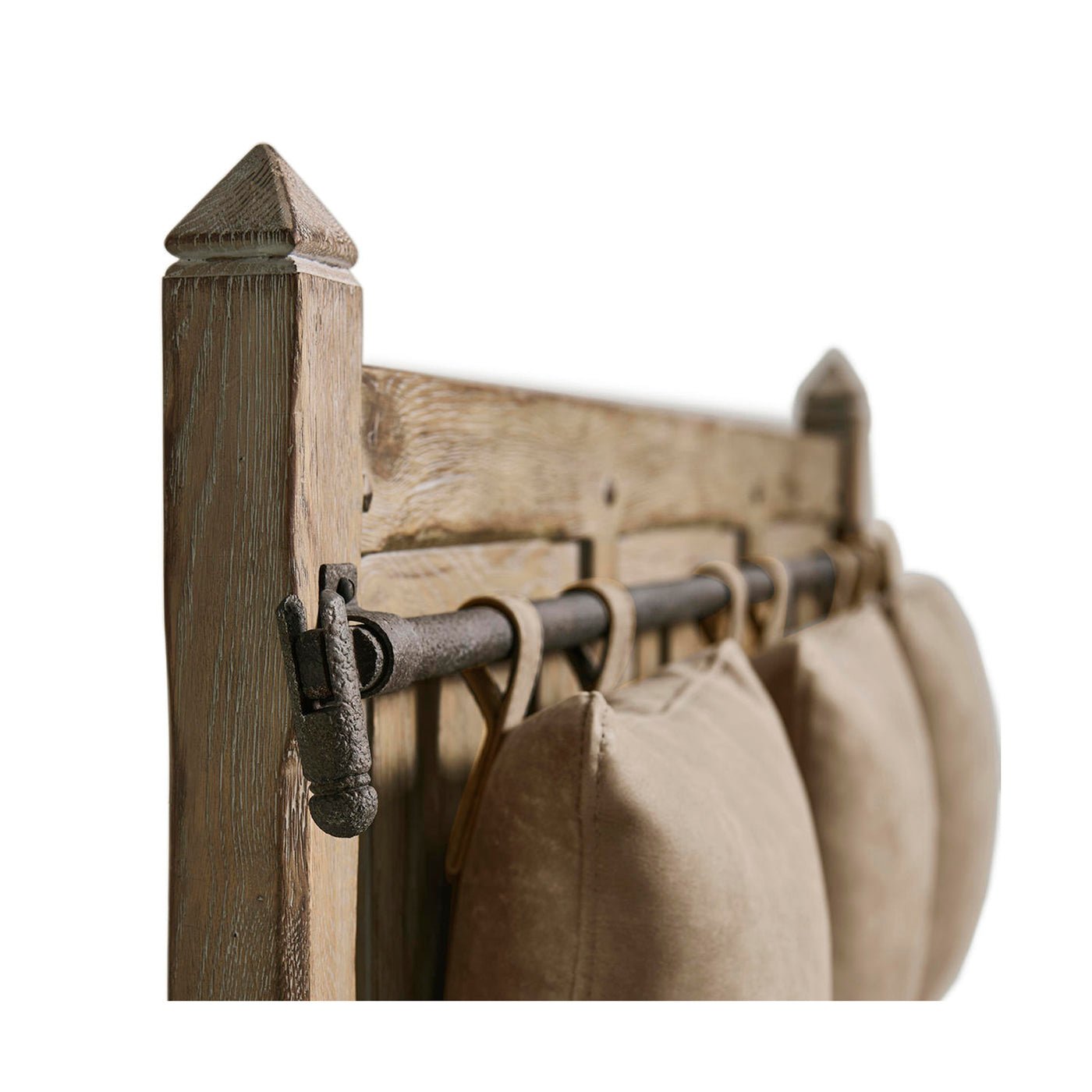 Top corner view showing rustic bench hooks and pillows.