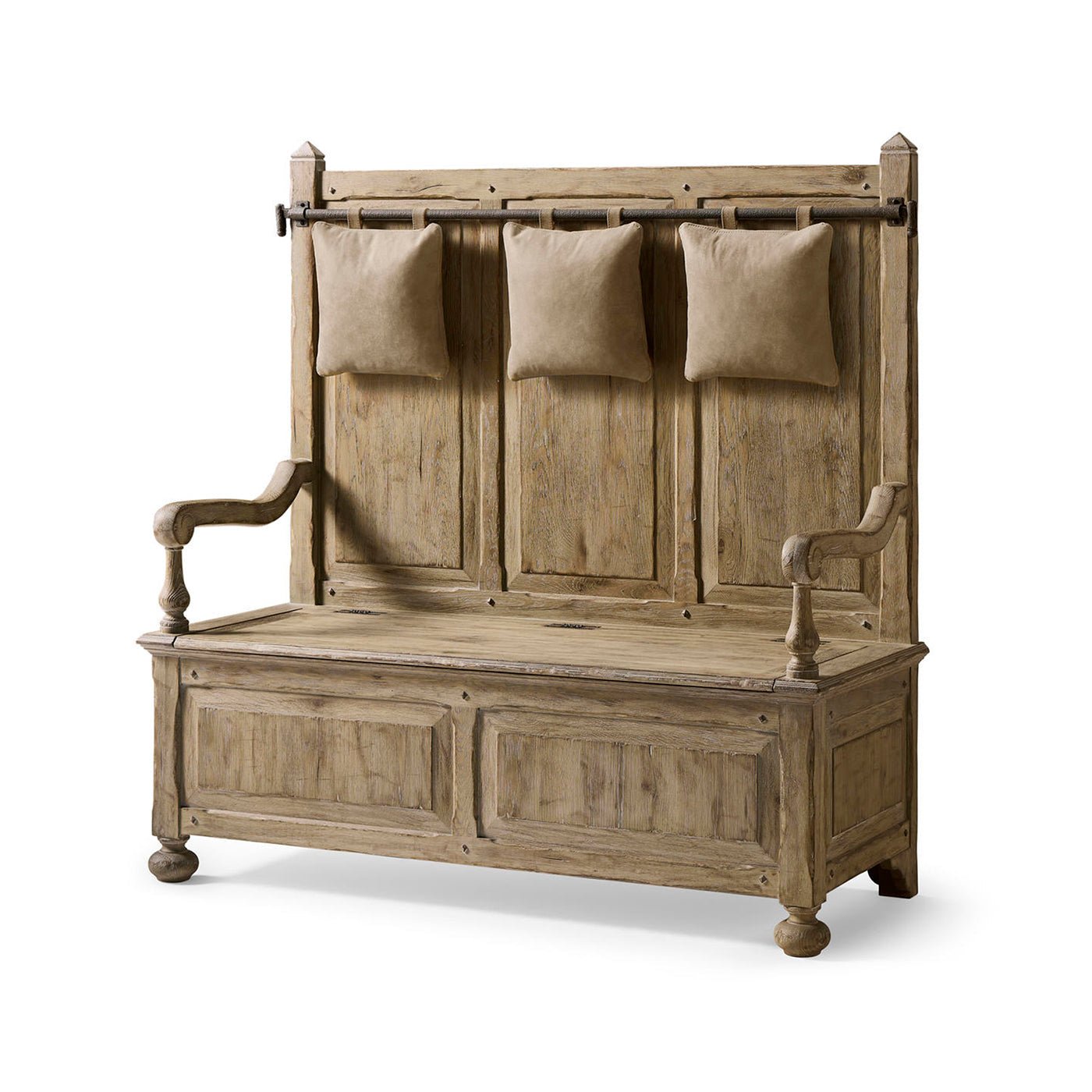 Rustic farmhouse hall bench with pillows and storage.