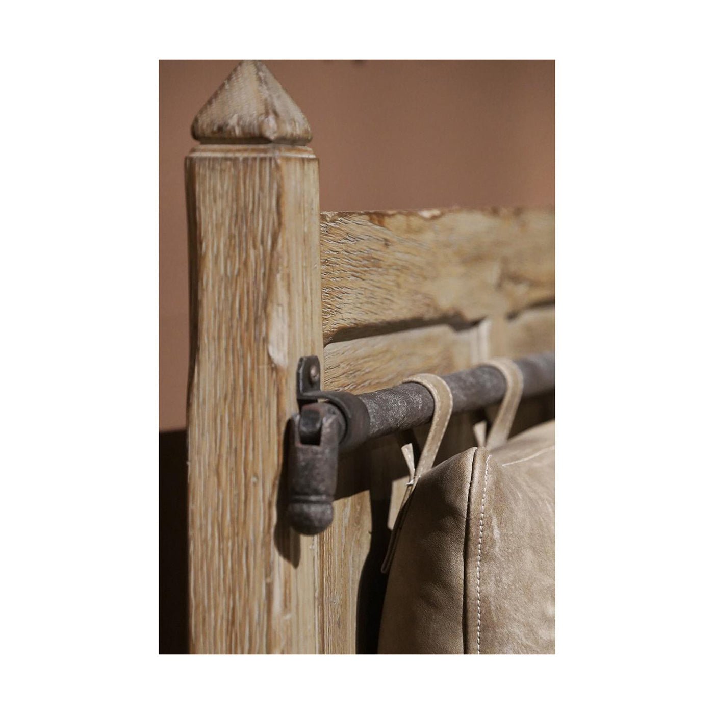 Close-up of bench's corner detail with hook attachment.