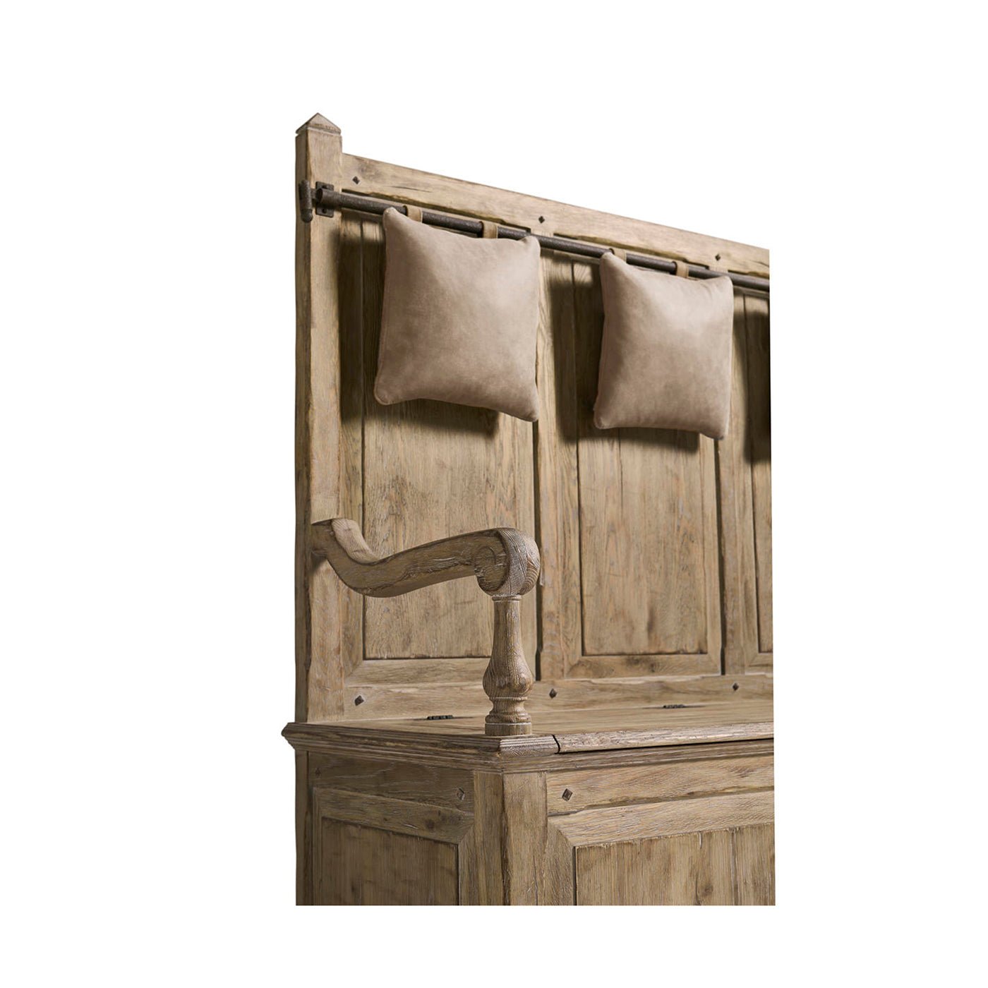 Angled view showing bench armrest and pillow hanger.
