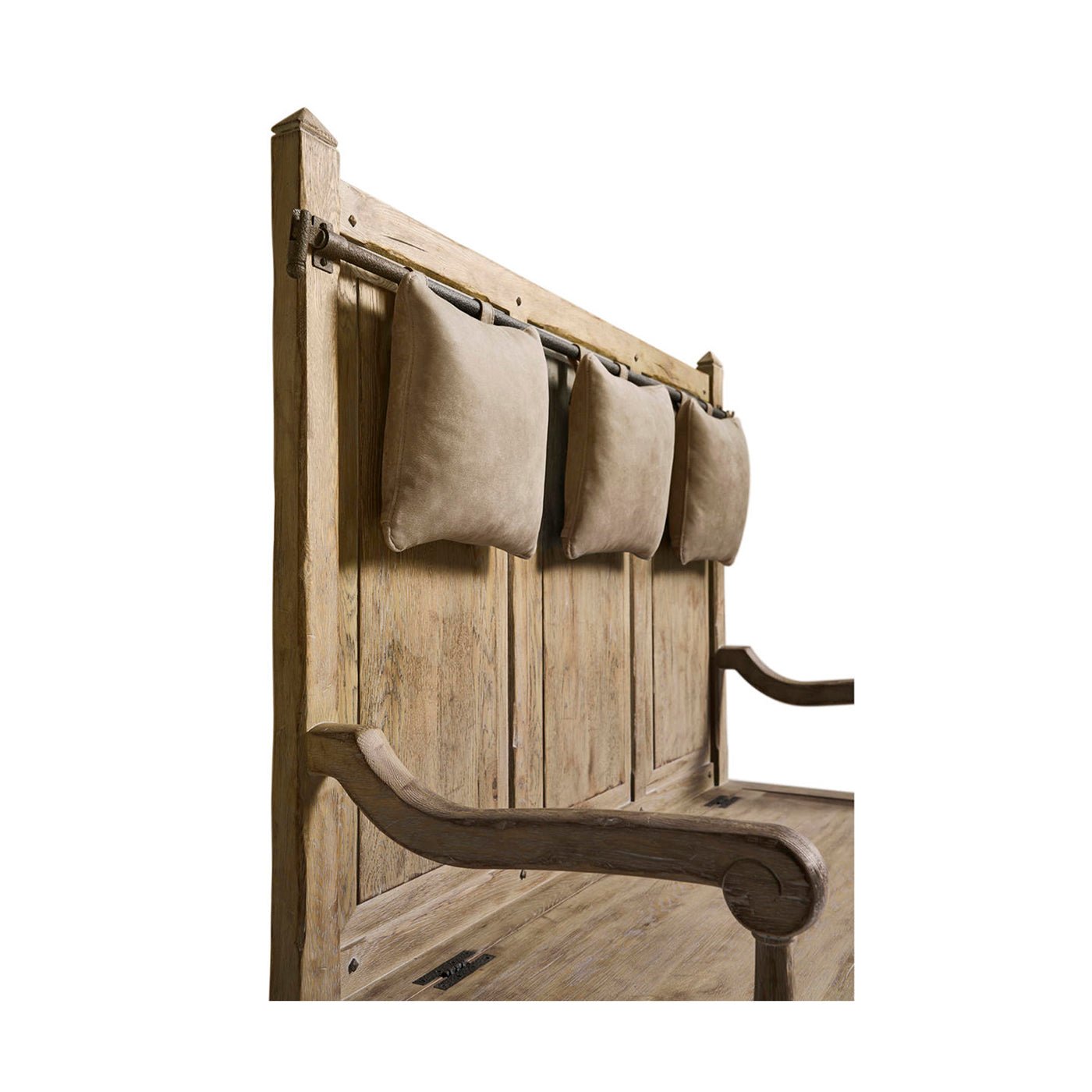 Side view of farmhouse hall bench with pillows.
