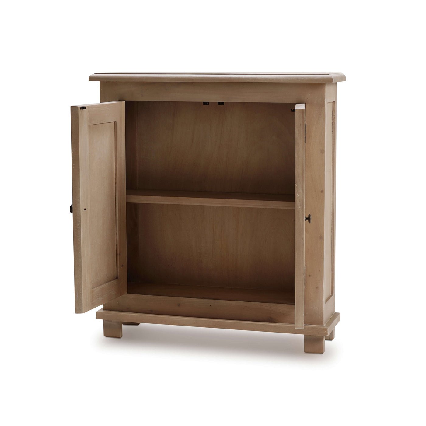 Rustic farmhouse side cabinet open doors inside view.