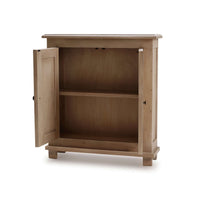 Rustic farmhouse side cabinet open doors inside view.