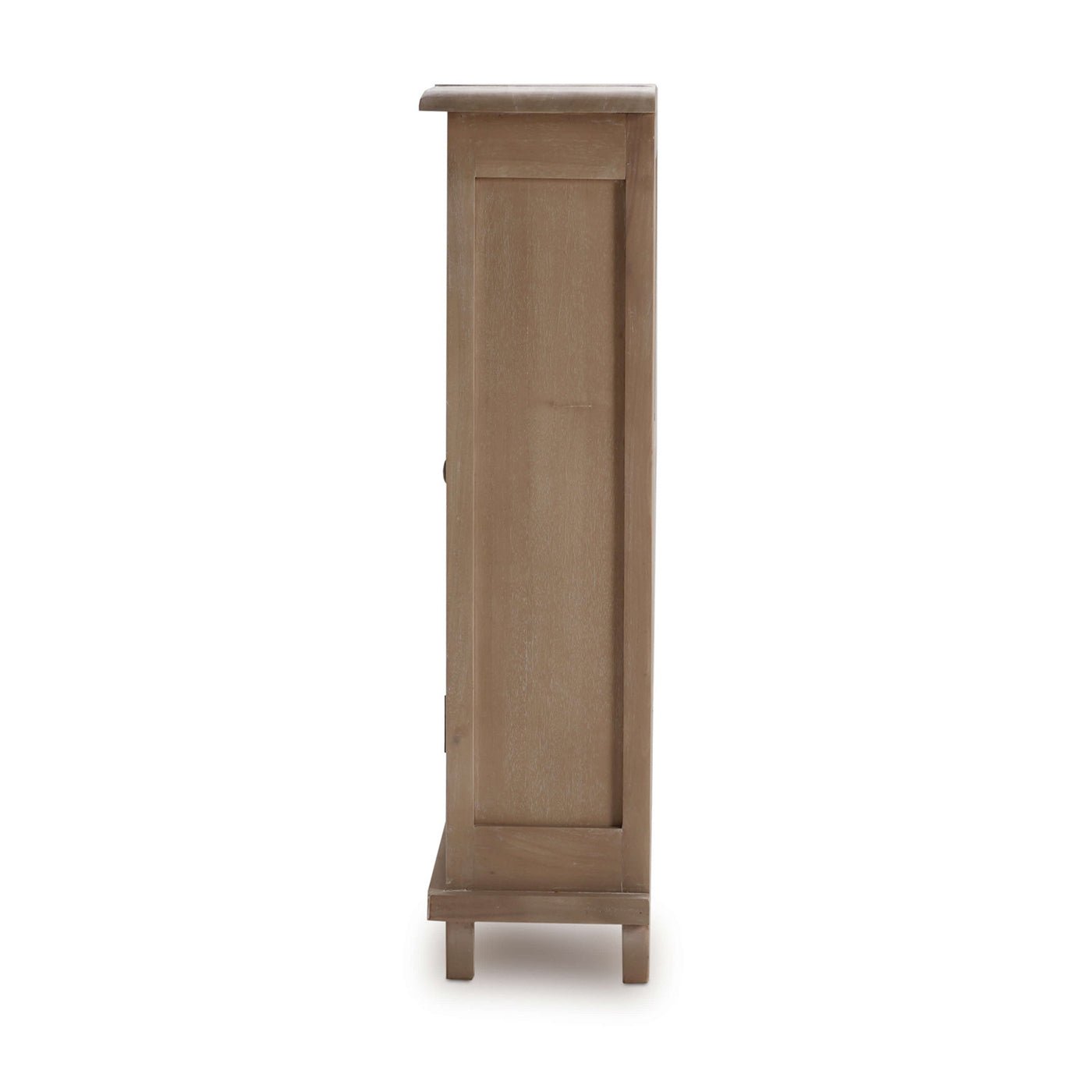 Rustic farmhouse side cabinet side profile view.