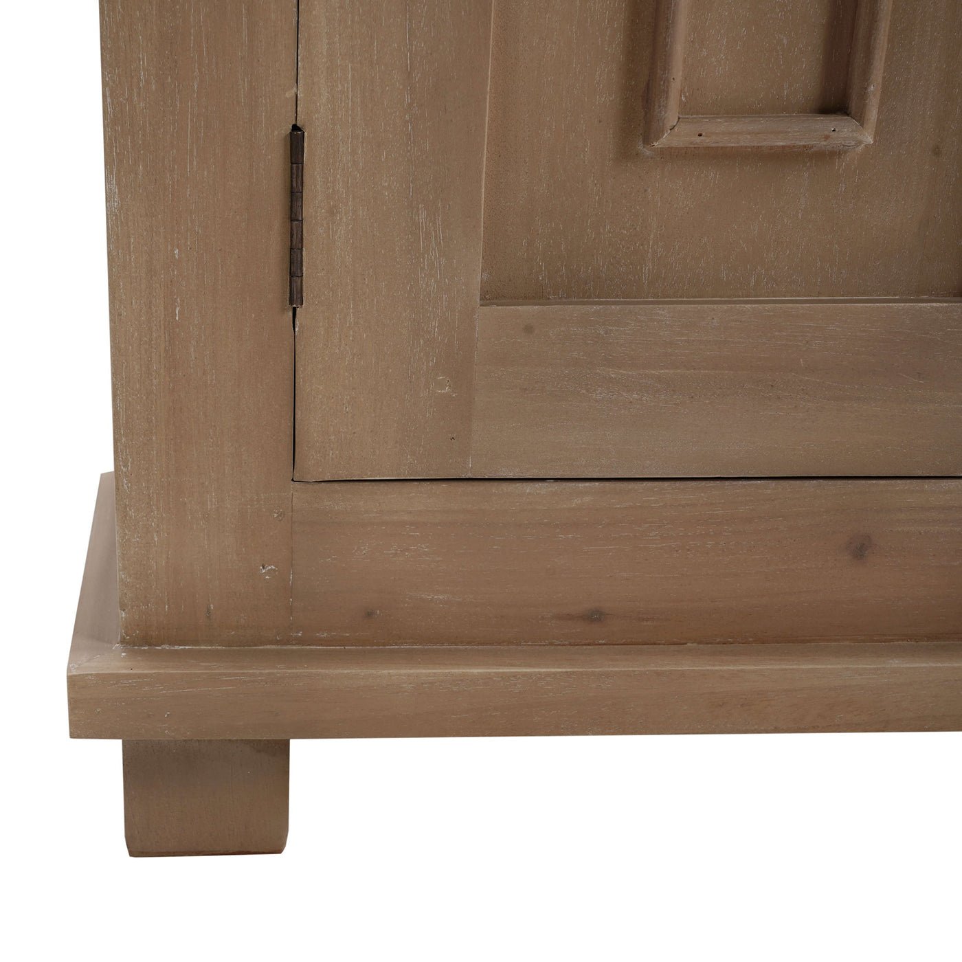 Rustic farmhouse side cabinet base and leg detail.