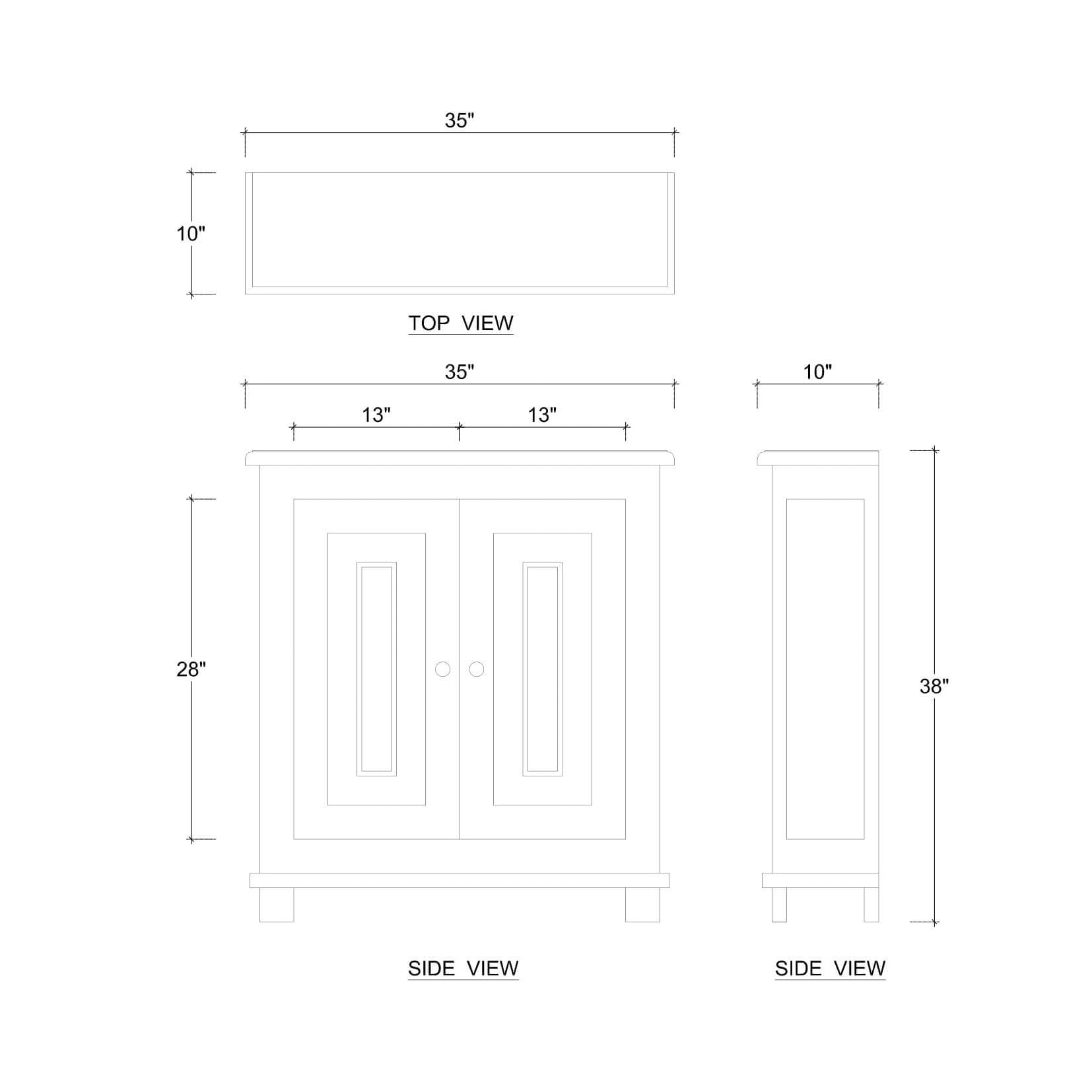 Rustic farmhouse side cabinet dimensions and schematic drawing.