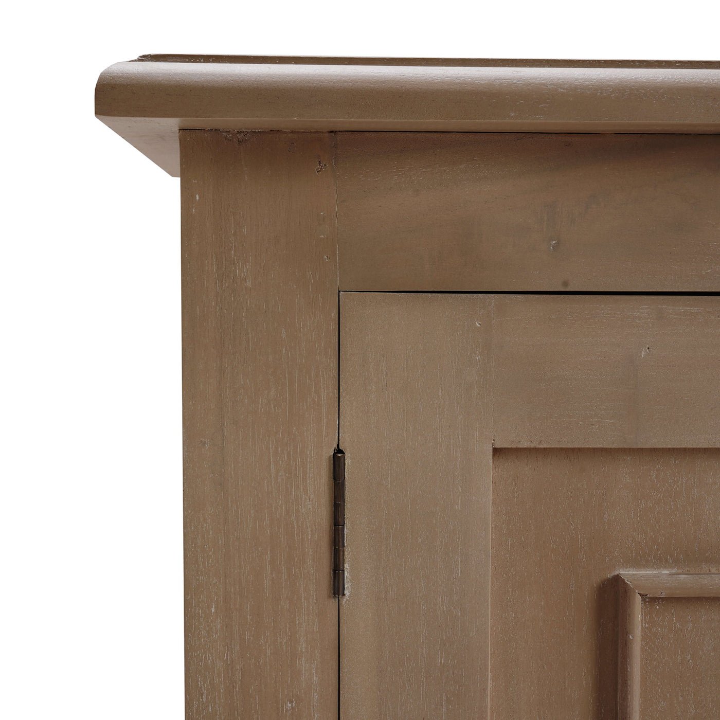 Rustic farmhouse side cabinet corner and hinge detail.