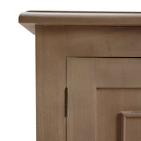 Rustic farmhouse side cabinet corner and hinge detail.