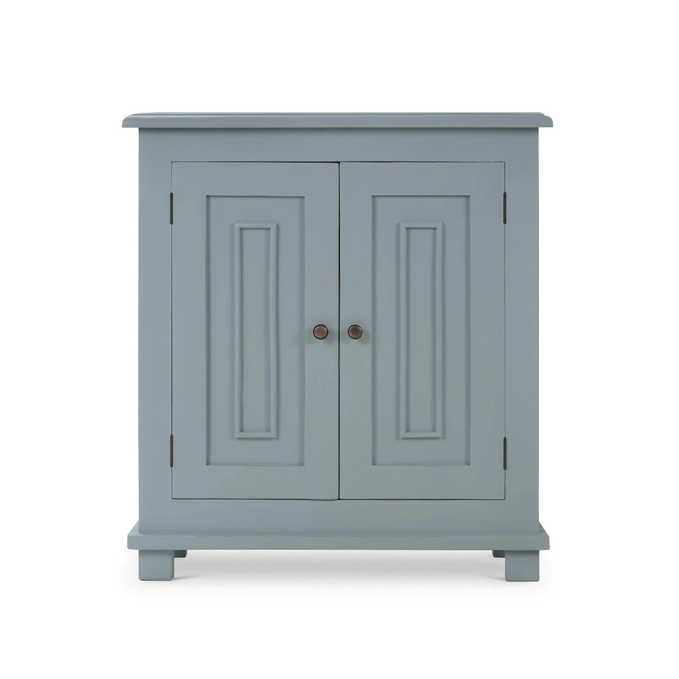 Rustic farmhouse cabinet, closed, front perspective.